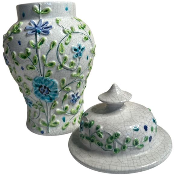 Italian Ceramic Ivory Flowers & Vines Blue Green Crazes Temple Jar 10"H - Picture 3 of 8